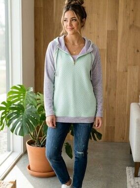 Light Aqua and Heather Gray Hooded Women's Sweater